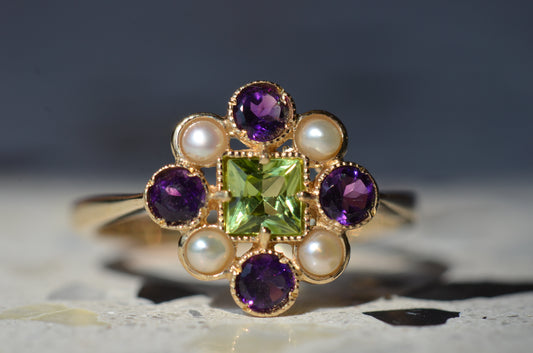Vibrant Suffragette-Inspired Cluster Ring