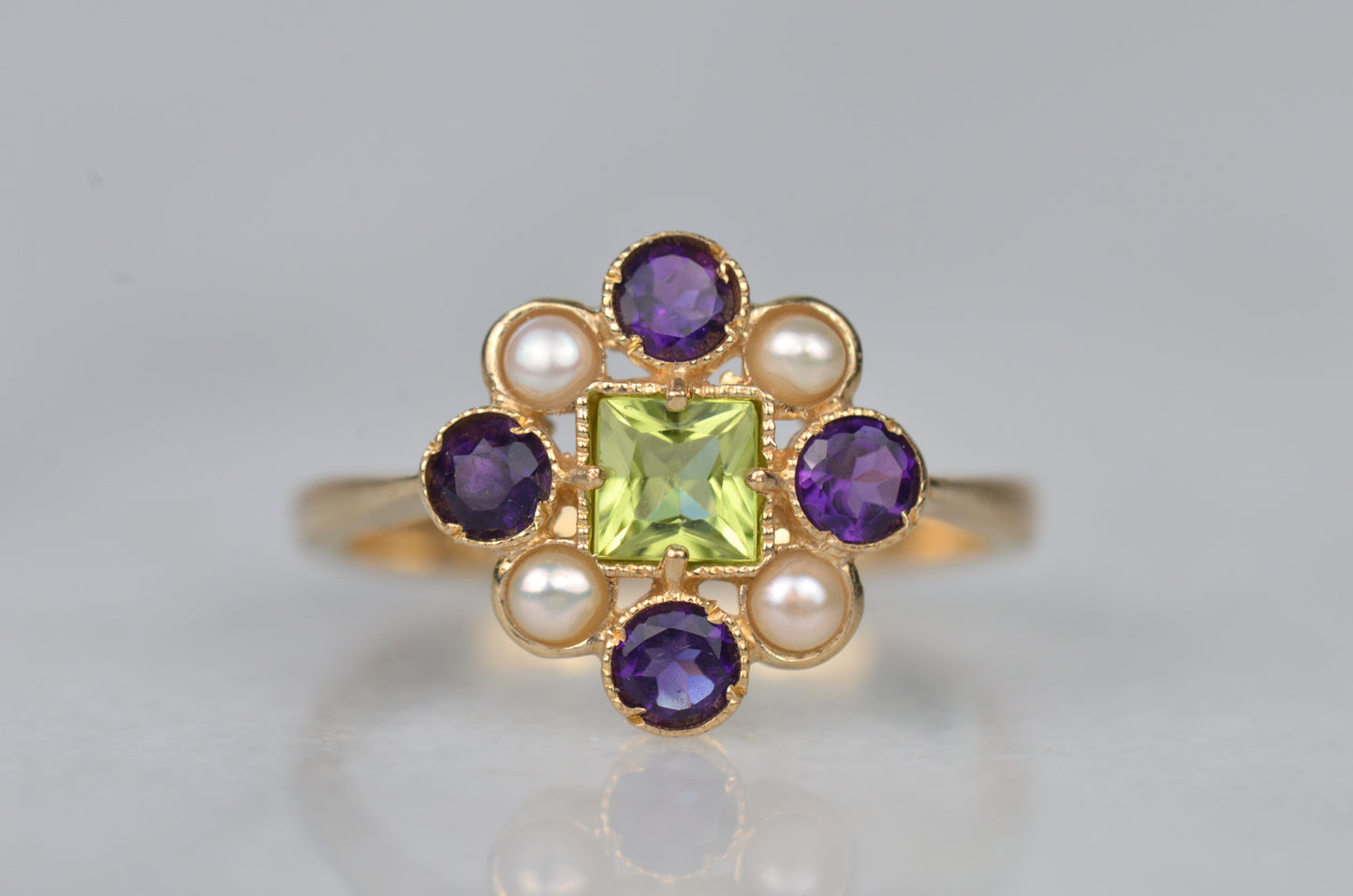 Vibrant Suffragette-Inspired Cluster Ring