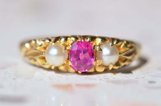 Vibrant Vintage Pink Sapphire and Pearl Ring