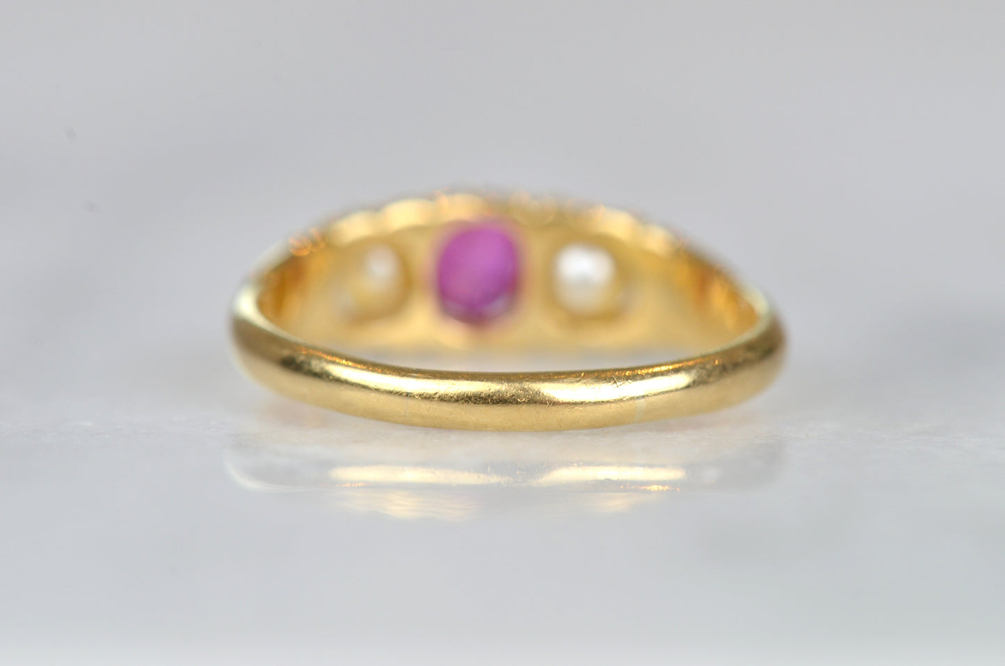 Vibrant Vintage Pink Sapphire and Pearl Ring