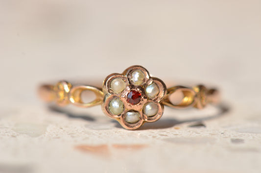 Petite Retro Floral Pearl and Garnet Ring