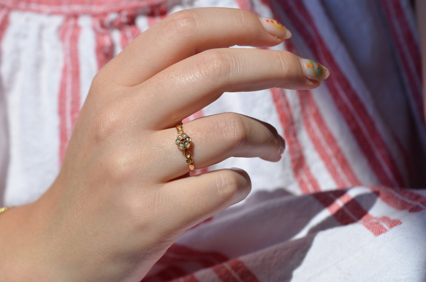 Petite Retro Floral Pearl and Garnet Ring