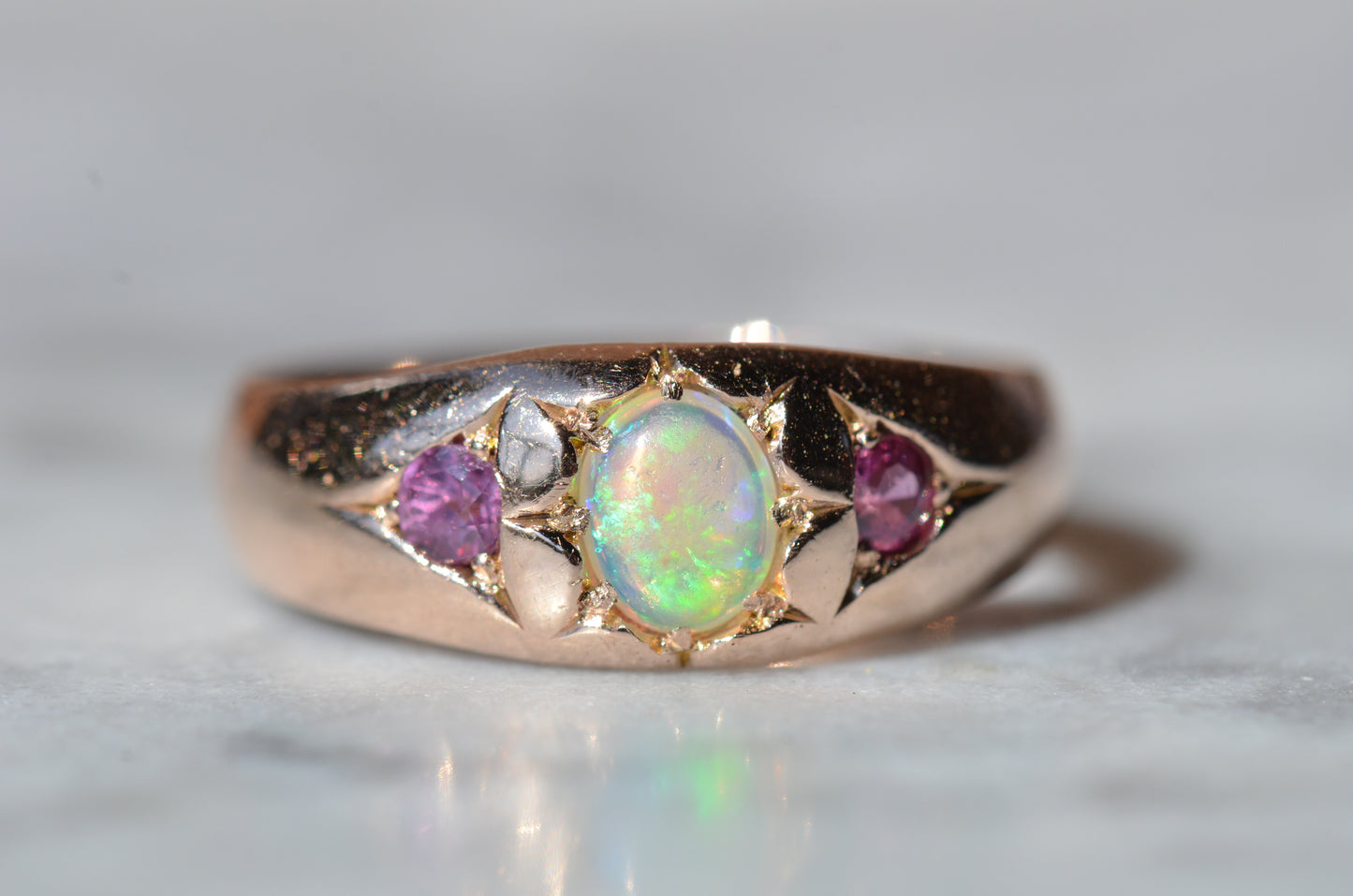 Smooth Antique Opal and Garnet Ring