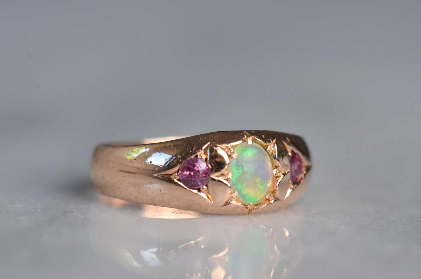 Smooth Antique Opal and Garnet Ring