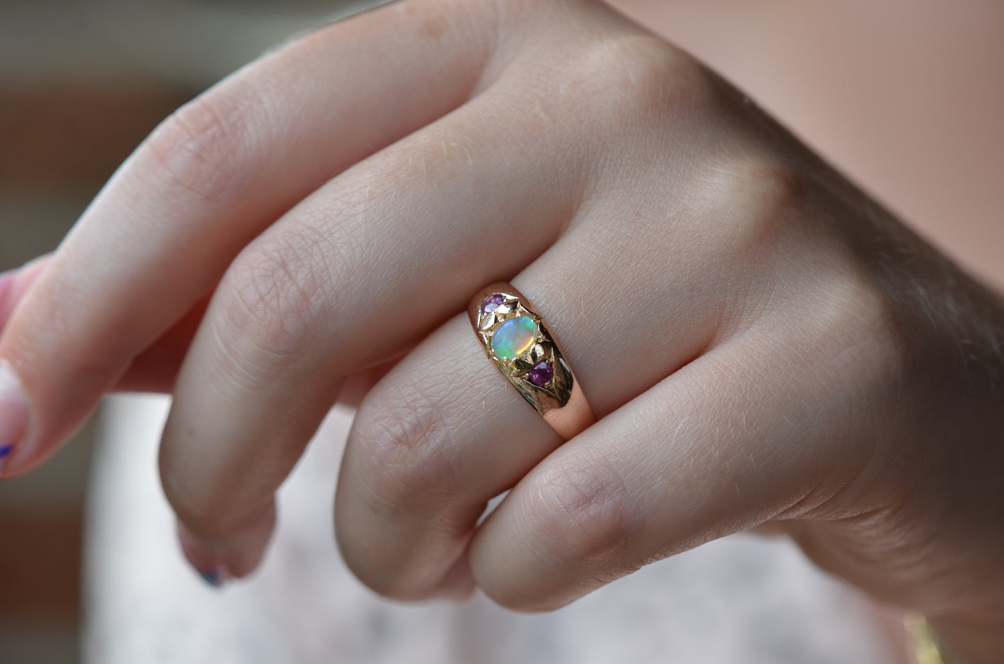 Smooth Antique Opal and Garnet Ring