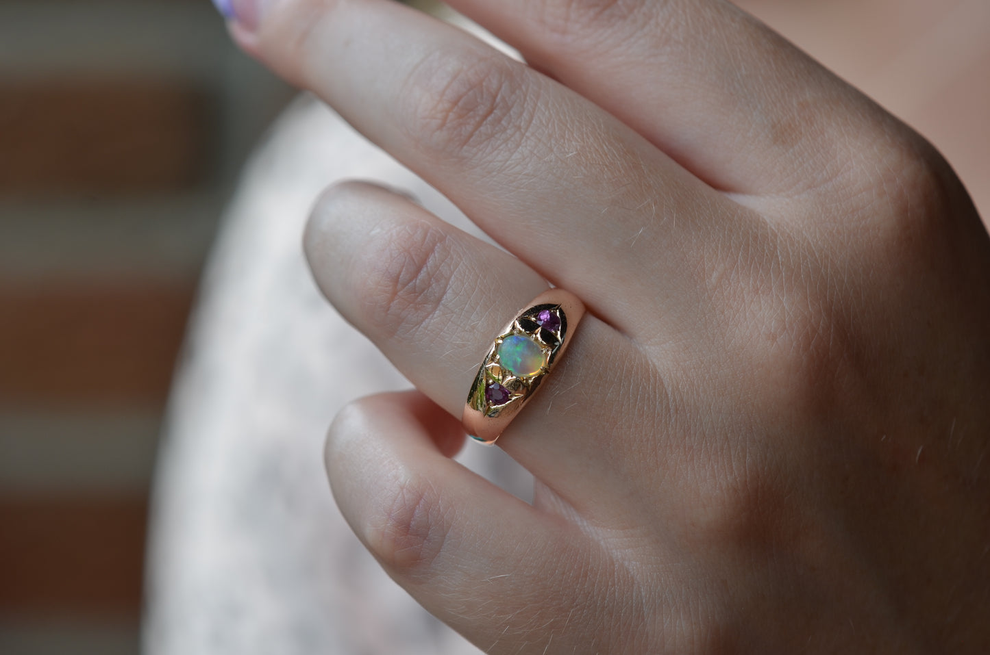Smooth Antique Opal and Garnet Ring