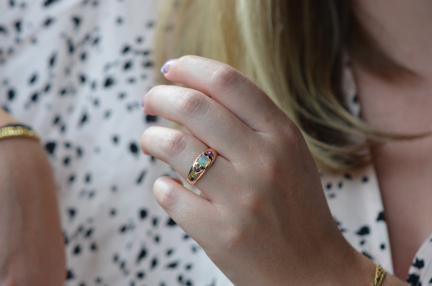 Smooth Antique Opal and Garnet Ring