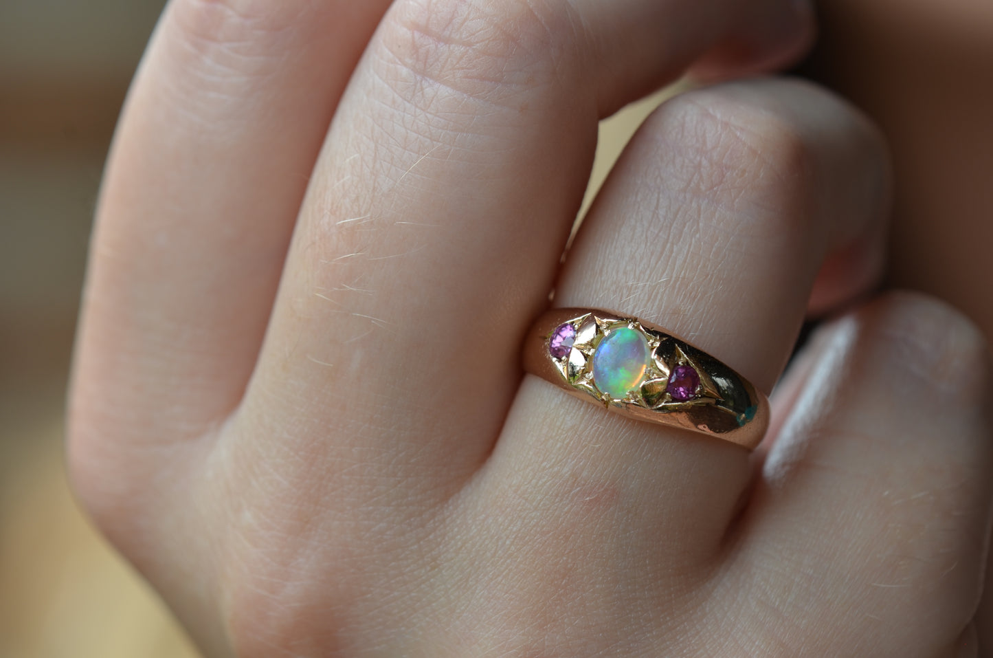 Smooth Antique Opal and Garnet Ring