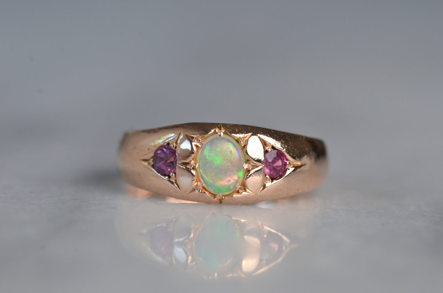 Smooth Antique Opal and Garnet Ring