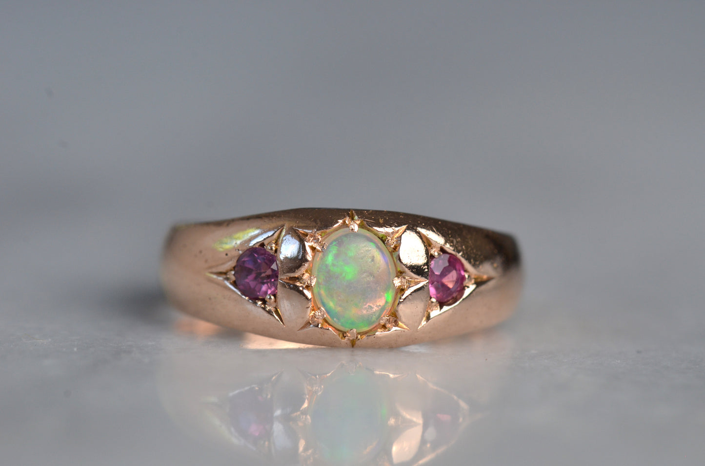 Smooth Antique Opal and Garnet Ring