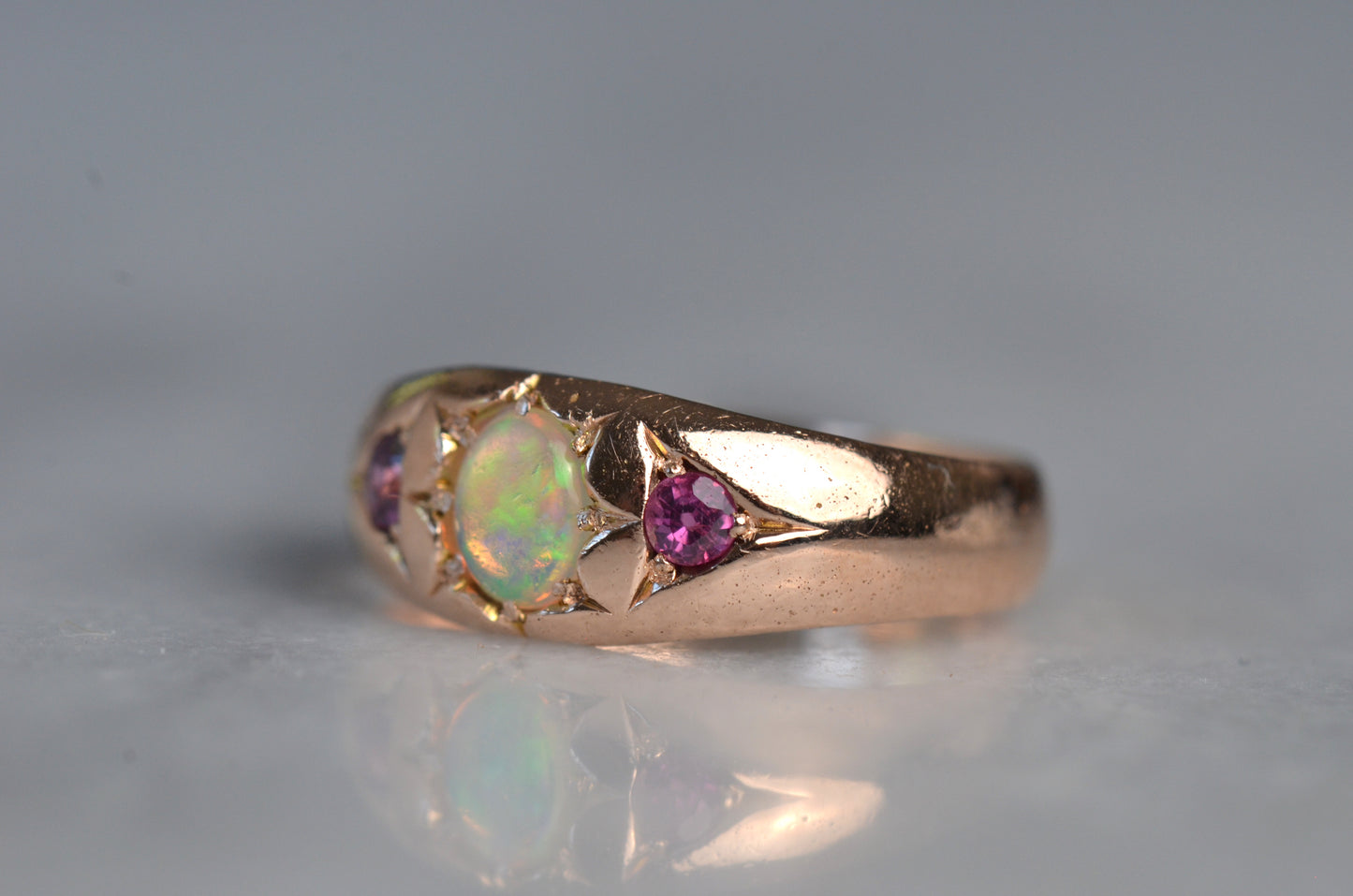 Smooth Antique Opal and Garnet Ring