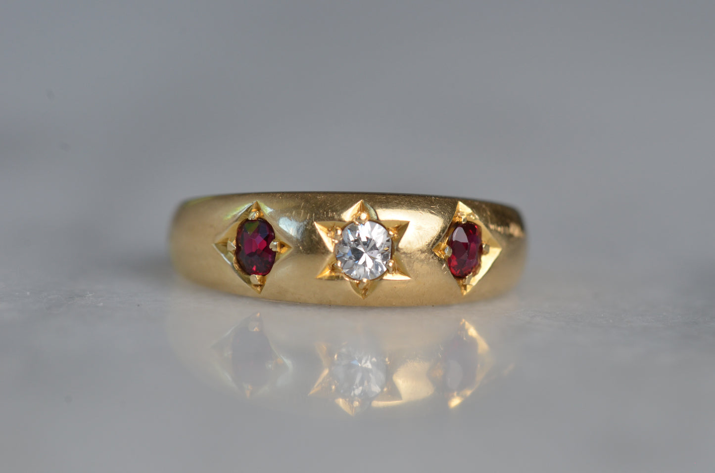 Bright Antique Ruby and Diamond Starburst Ring