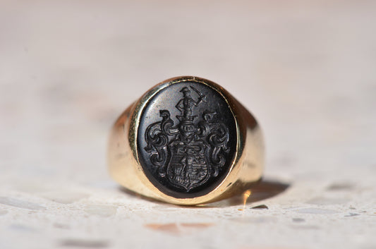 Exquisite Carved Onyx Crest Ring