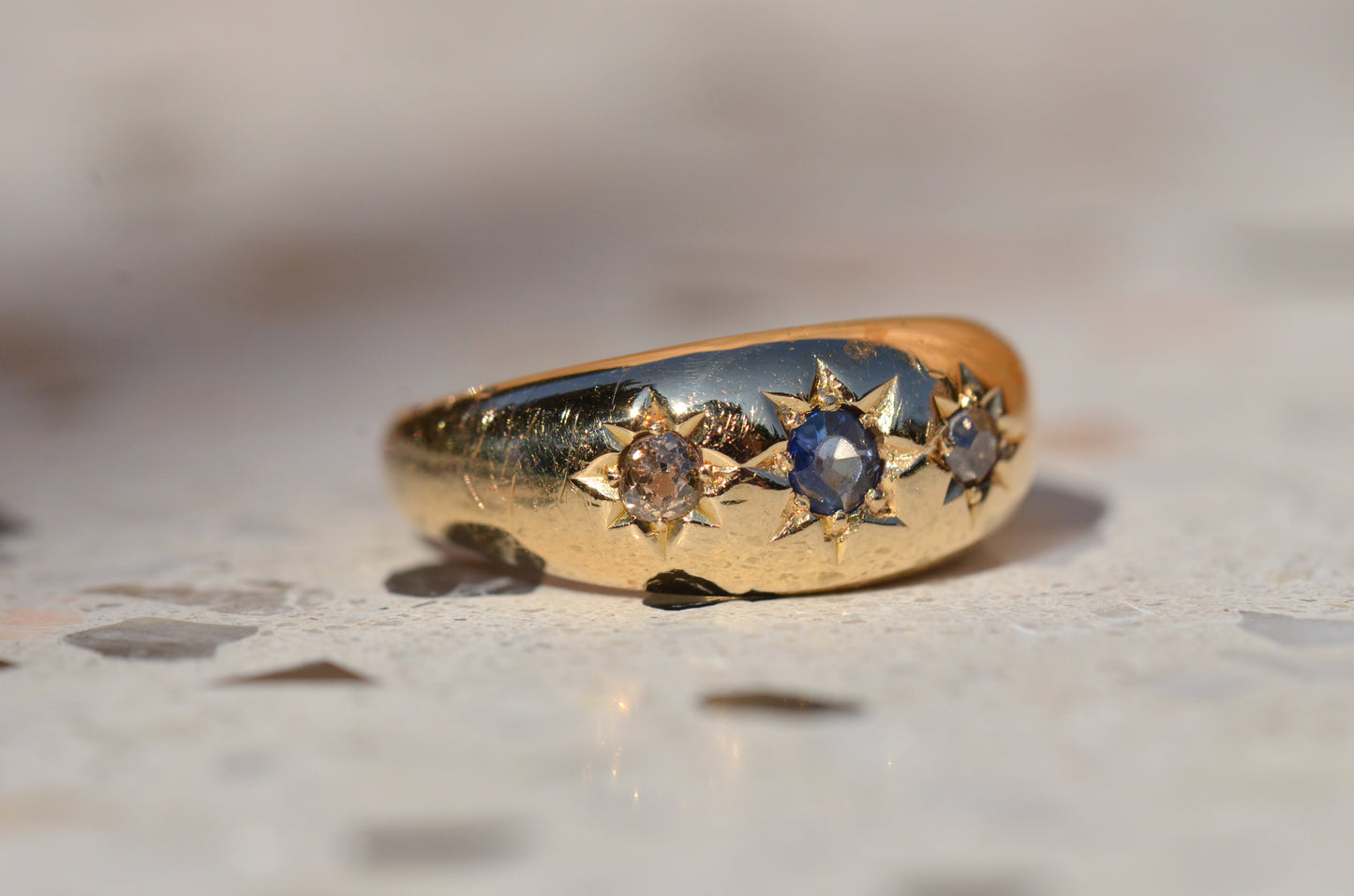 Moody Antique Sapphire Diamond Starburst Ring