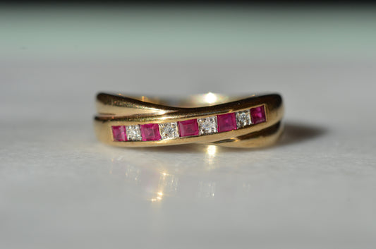 Vibrant Vintage Ruby and Diamond Crossover Band